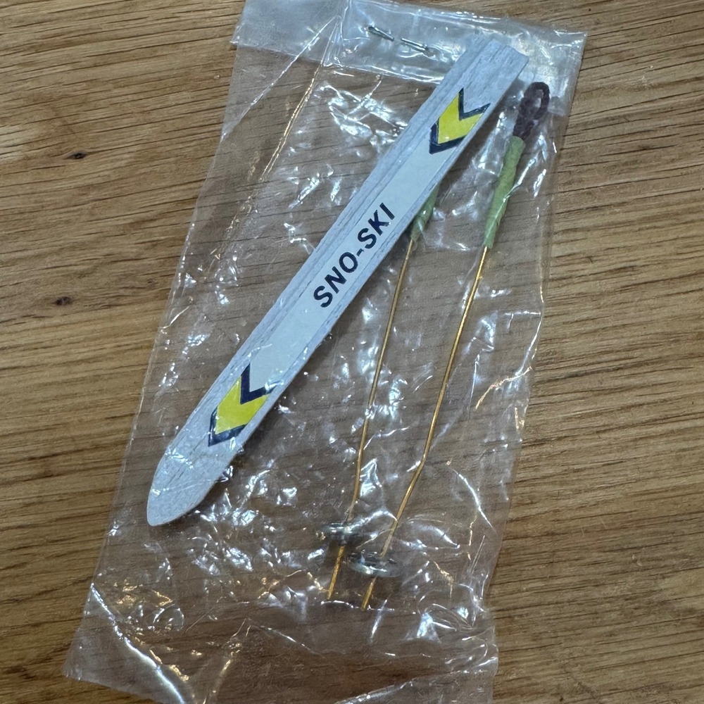 Vintage Sno-Ski Miniature Wooden Skis and Poles Set White Yellow Retro Craft New